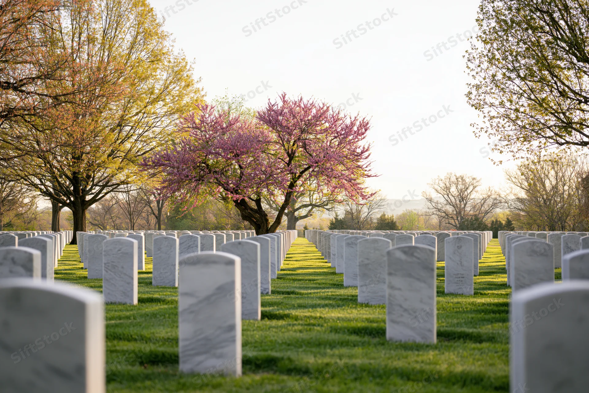 Rows of white marble headstones aligned in a grassy cemetery with blooming trees in spring