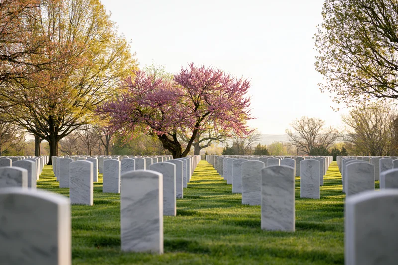 Rows of white marble headstones aligned in a grassy cemetery with blooming trees in spring