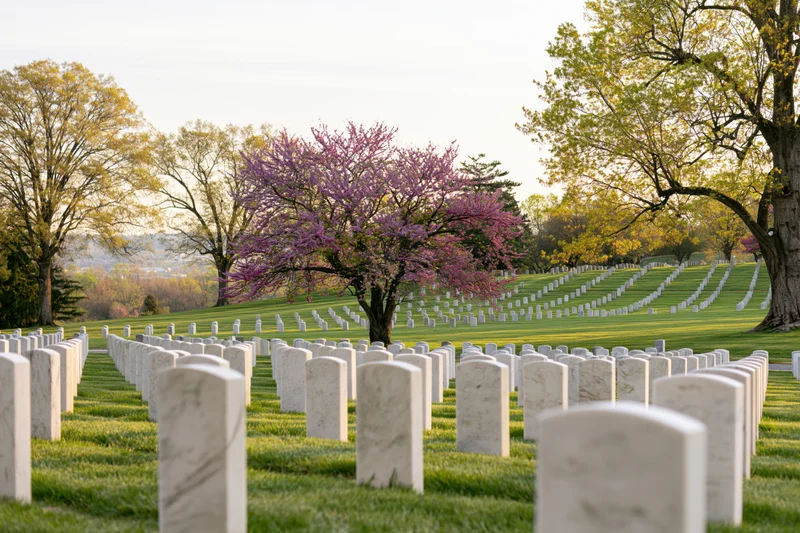 Rows of white marble headstones aligned across a grassy cemetery with blooming trees in spring