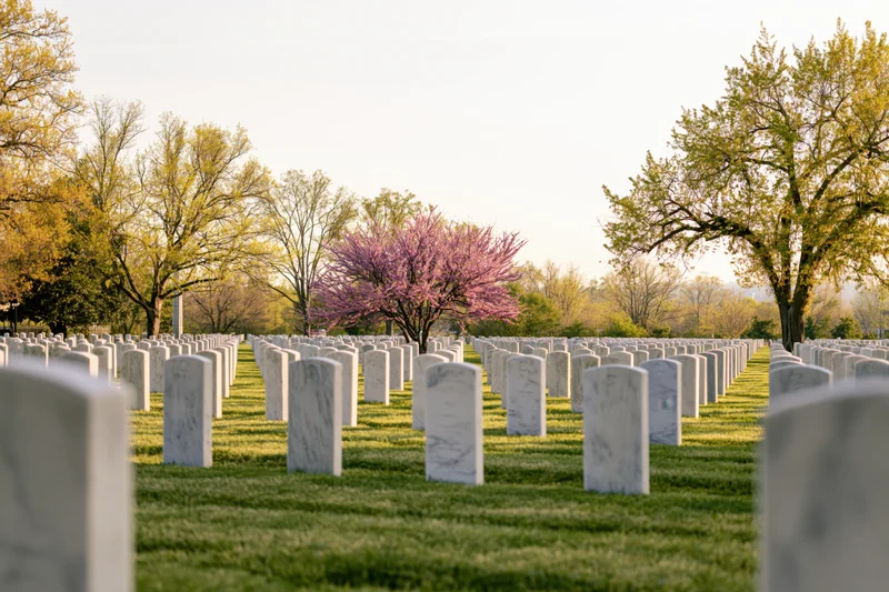 Rows of white marble headstones aligned in a grassy cemetery with blooming trees in spring