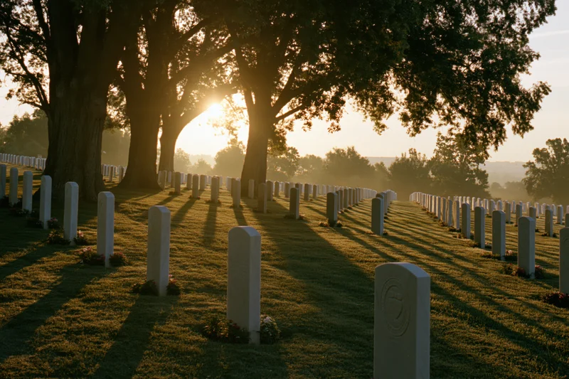 Rows of white stone grave markers aligned across a grassy cemetery at sunrise under large trees
