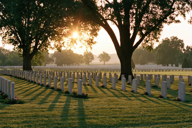 Rows of white headstones in a military cemetery at sunrise with trees casting long shadows on green grass