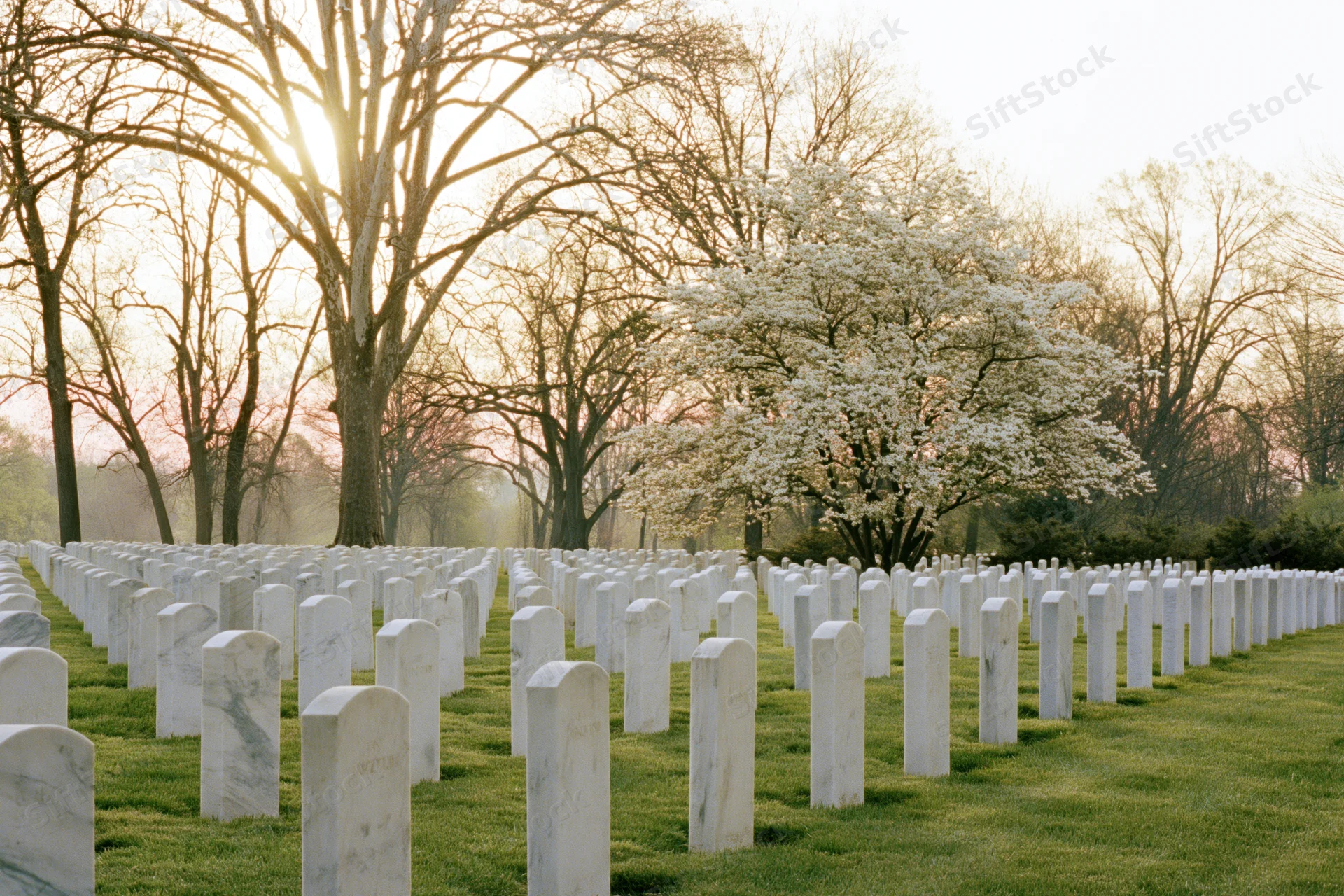 Rows of white marble headstones aligned across a grassy field at sunrise with blooming cherry trees in the background