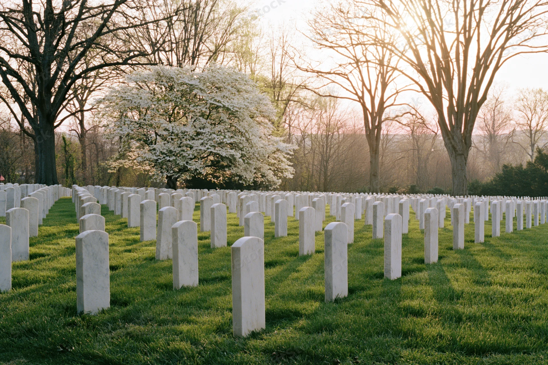 Rows of white marble headstones aligned in a grassy cemetery at sunrise with blooming trees in the background