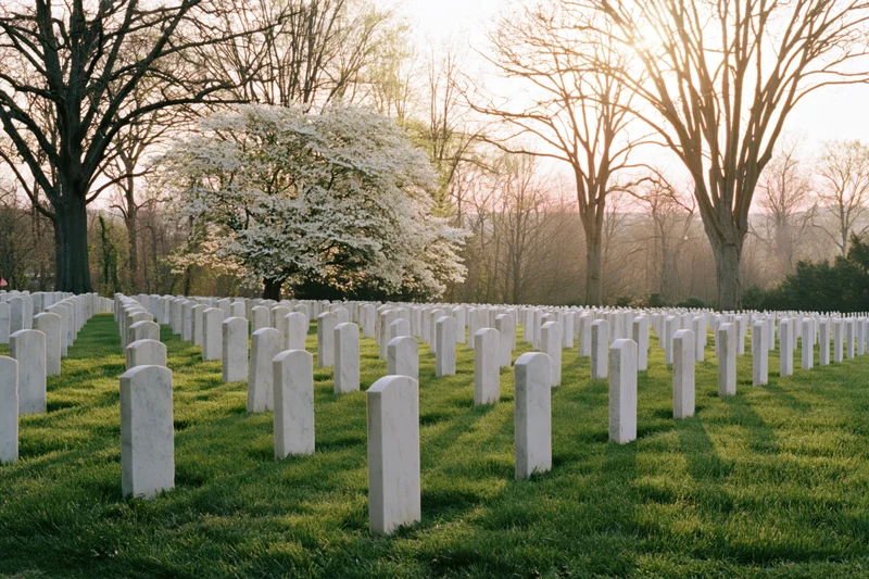 Rows of white marble headstones aligned in a grassy cemetery at sunrise with blooming trees in the background