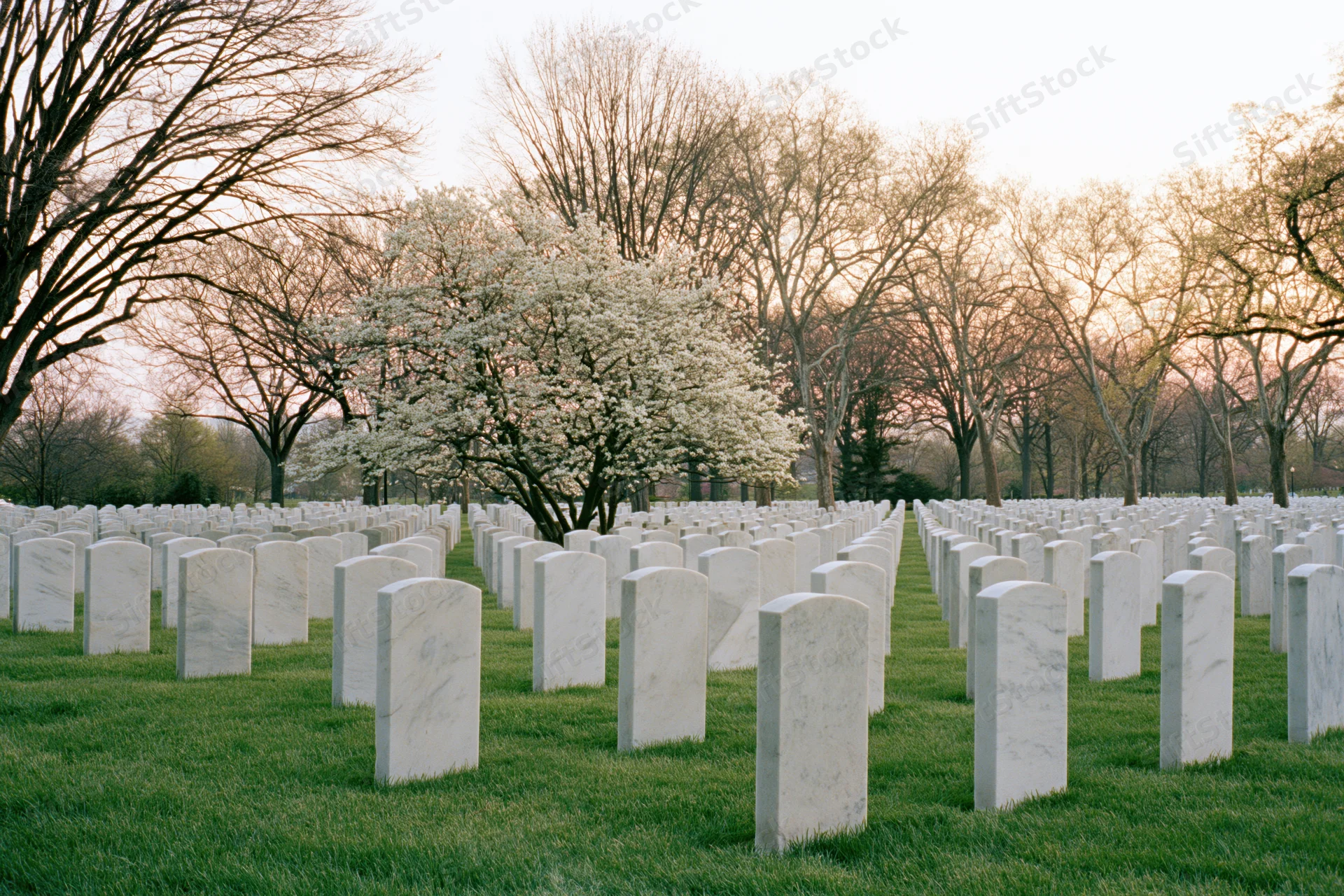 Rows of white marble headstones aligned in neat rows across a green lawn with blooming cherry trees at dawn