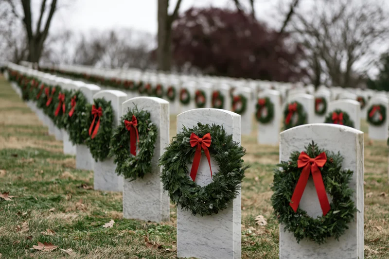 Rows of white marble headstones in a military cemetery adorned with evergreen wreaths and red bows during winter