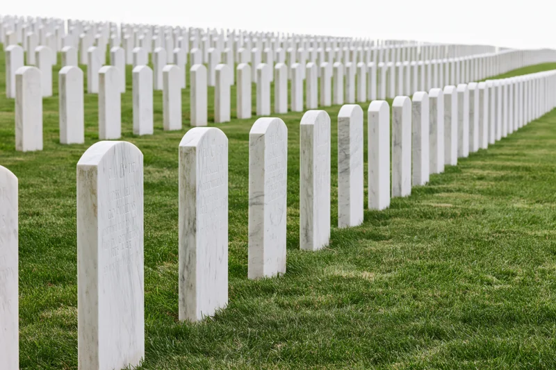 Rows of white marble military headstones aligned in neat rows across a green lawn in a national cemetery