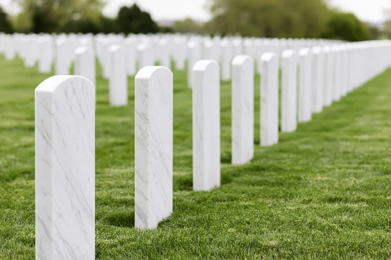 Rows of white marble military headstones aligned in neat rows across a green lawn in a cemetery