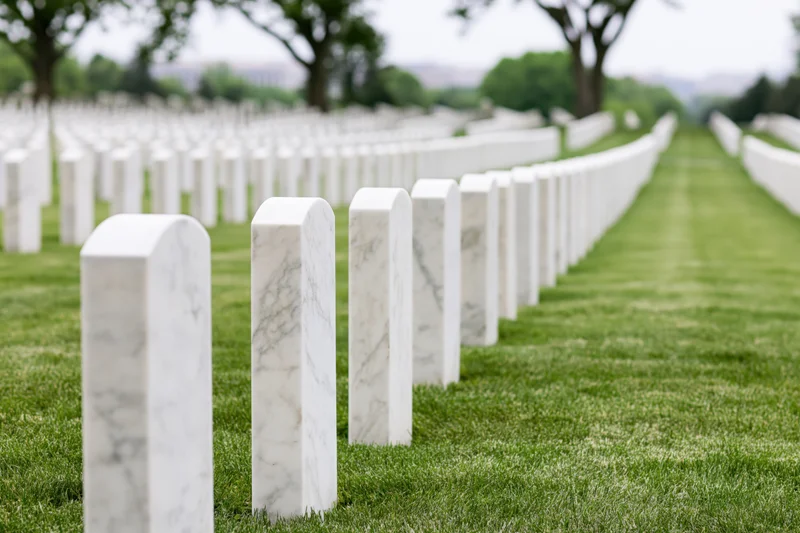 Rows of white marble military headstones aligned in neat rows across a green lawn in a cemetery