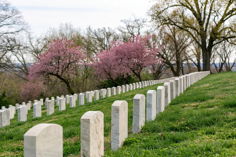 Rows of white marble military headstones aligned across a grassy hillside with blooming cherry trees in spring