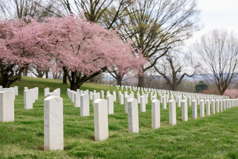 Rows of white marble military headstones aligned across a grassy field under blooming cherry trees in spring