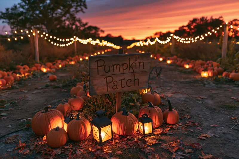 Rustic wooden sign reading pumpkin patch surrounded by pumpkins and lanterns at twilight in an outdoor field