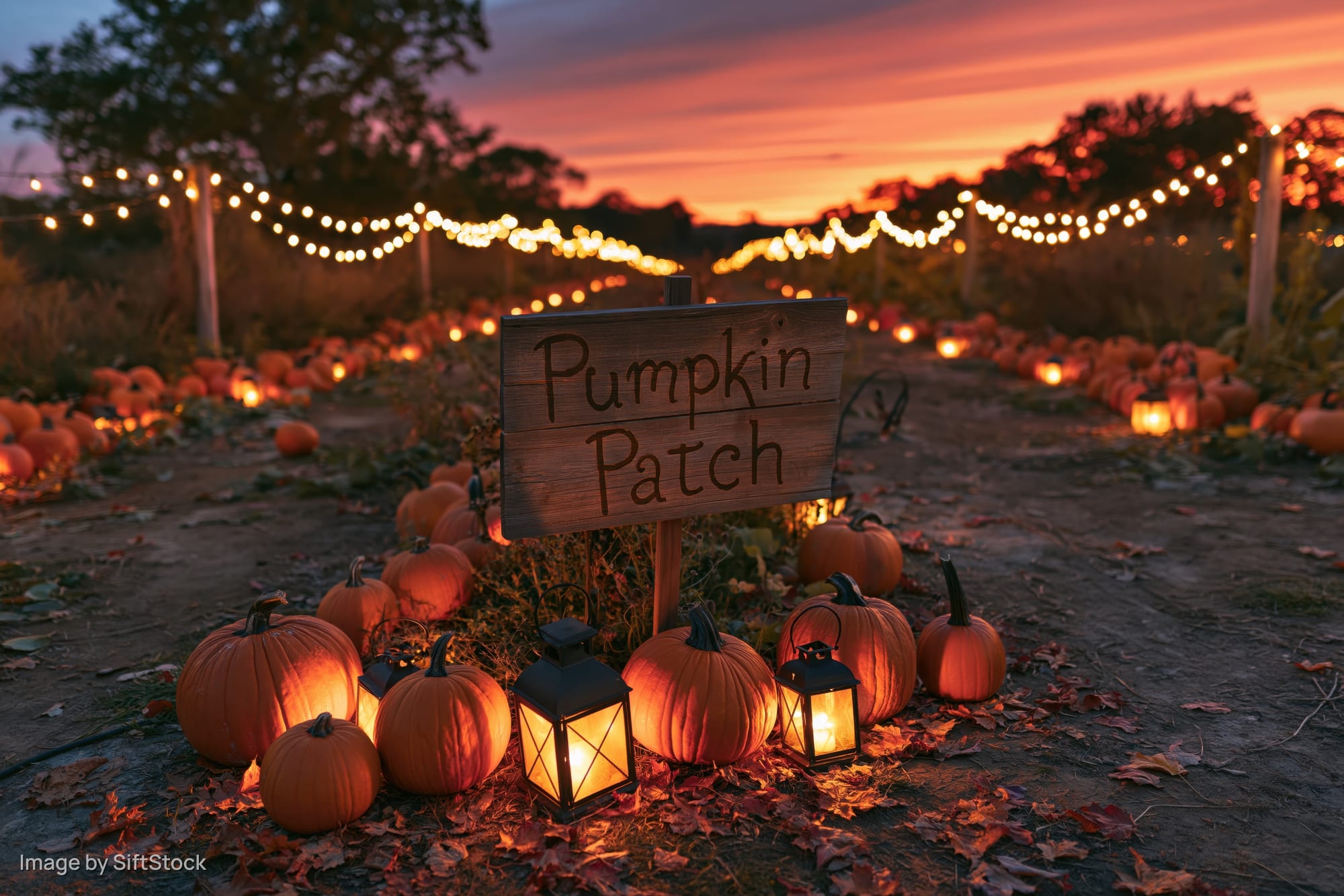 Rustic wooden sign reading pumpkin patch surrounded by pumpkins and lanterns at twilight in an outdoor field