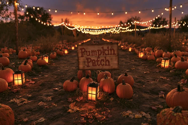 Pumpkin patch at twilight with wooden sign and lanterns among pumpkins in a field