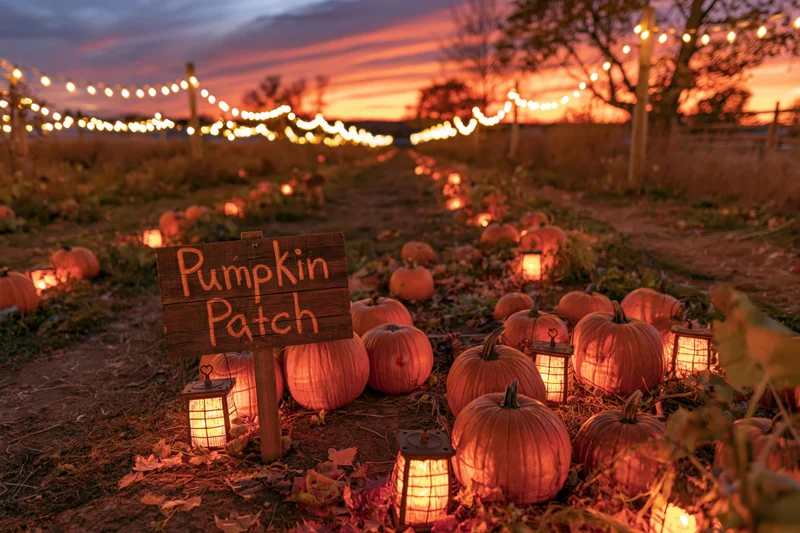 Rustic wooden sign reading pumpkin patch among pumpkins and lanterns in a field at dusk
