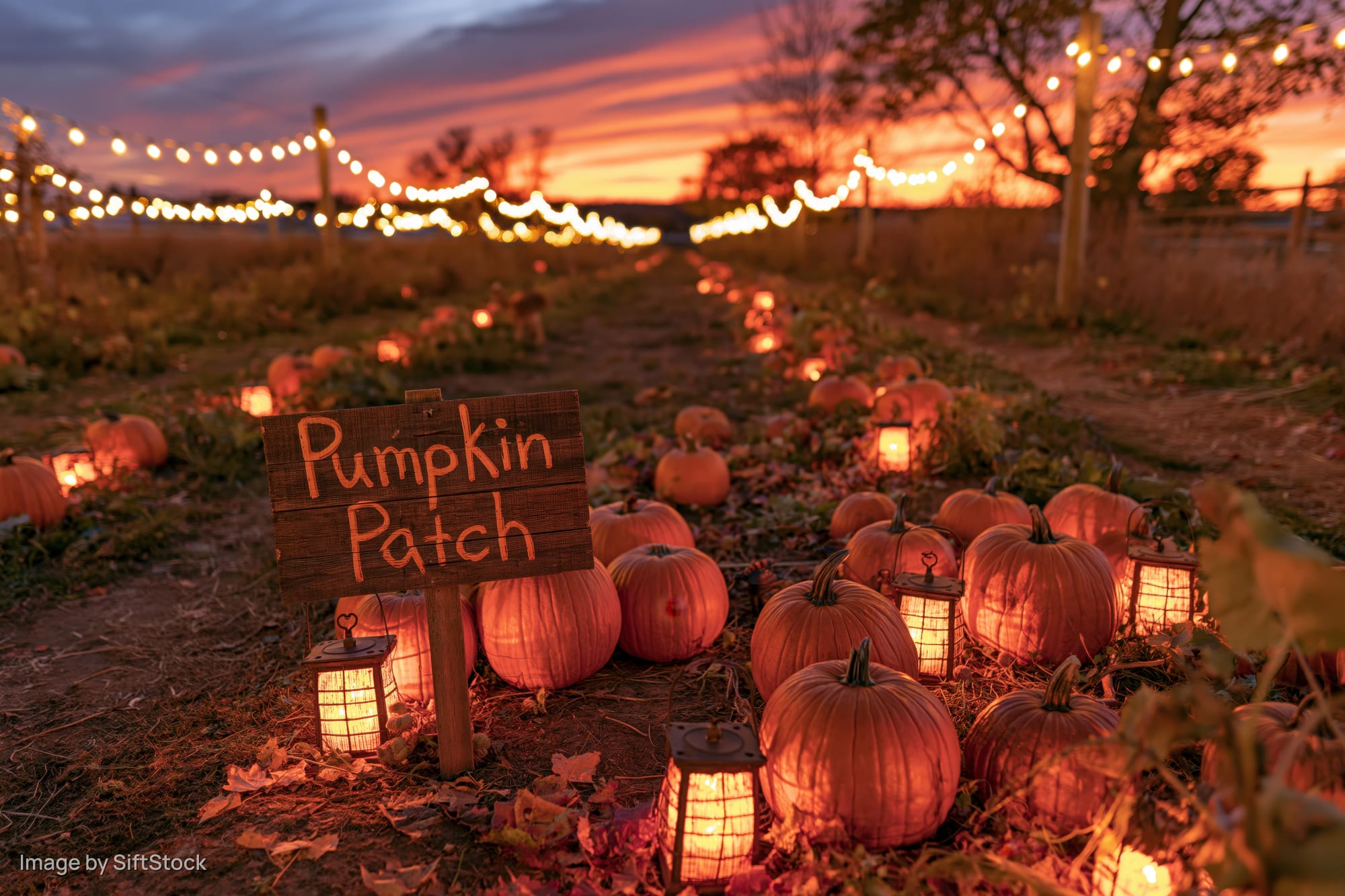 Rustic wooden sign reading pumpkin patch among pumpkins and lanterns in a field at dusk
