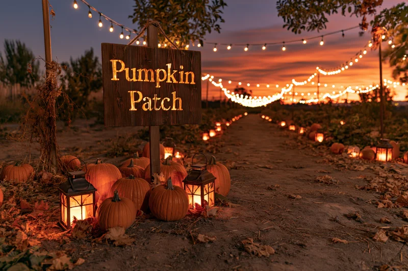 Rustic wooden sign reading pumpkin patch at dusk in a farm field lined with glowing lanterns and pumpkins