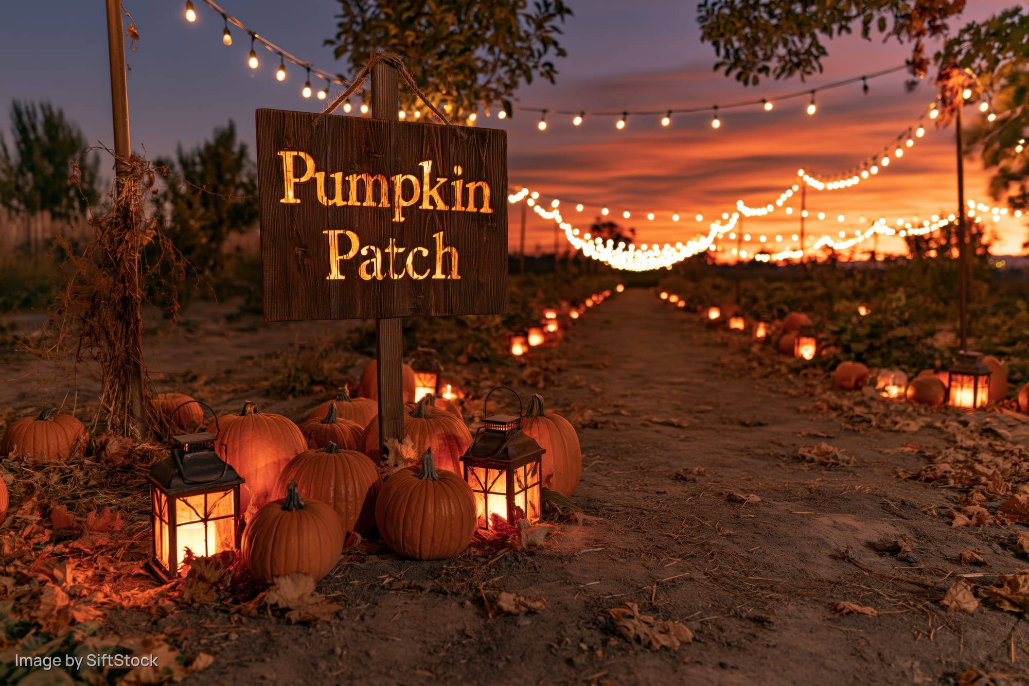 Rustic wooden sign reading pumpkin patch at dusk in a farm field lined with glowing lanterns and pumpkins