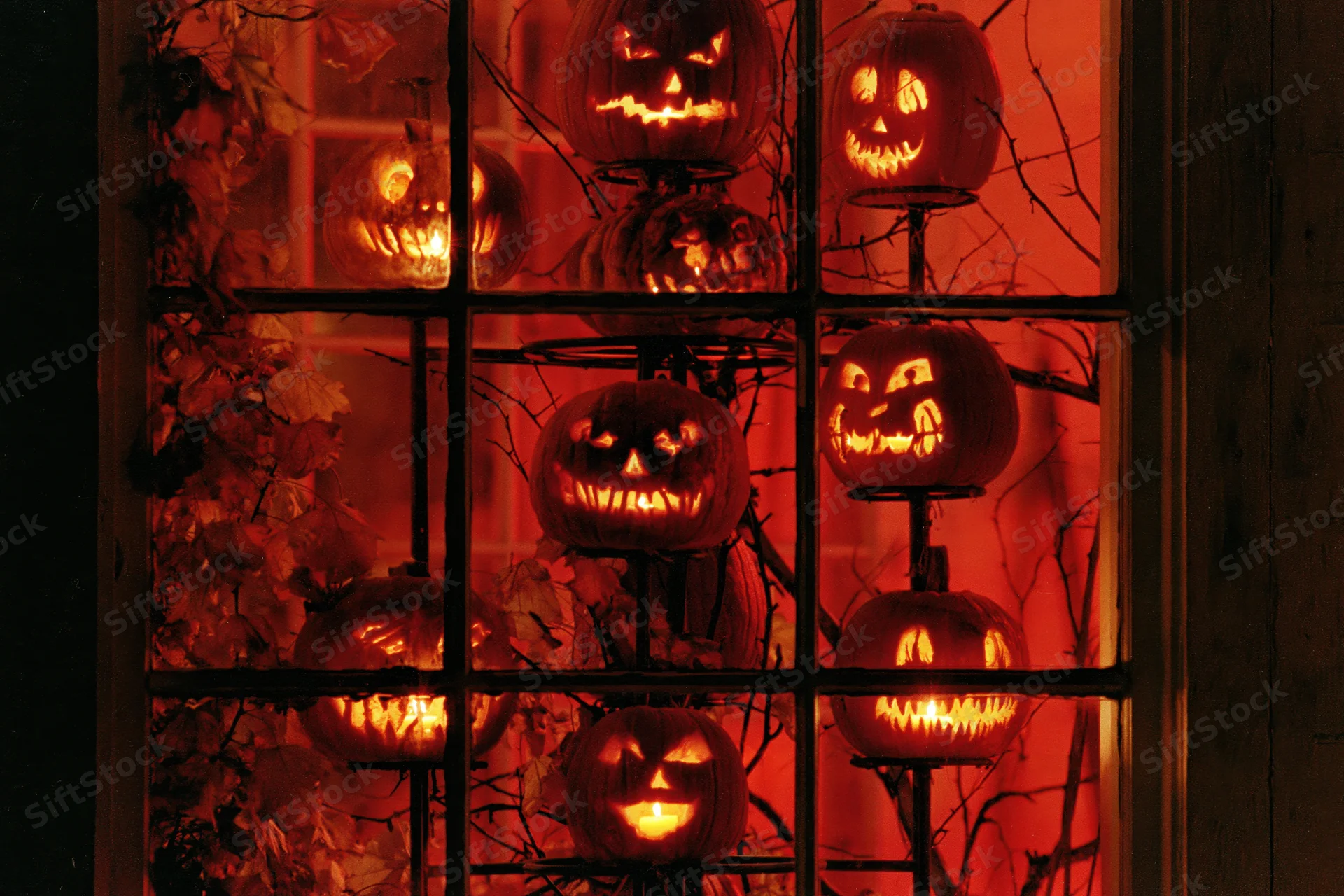 Glowing jack-o-lanterns arranged on a tiered metal stand behind a window pane