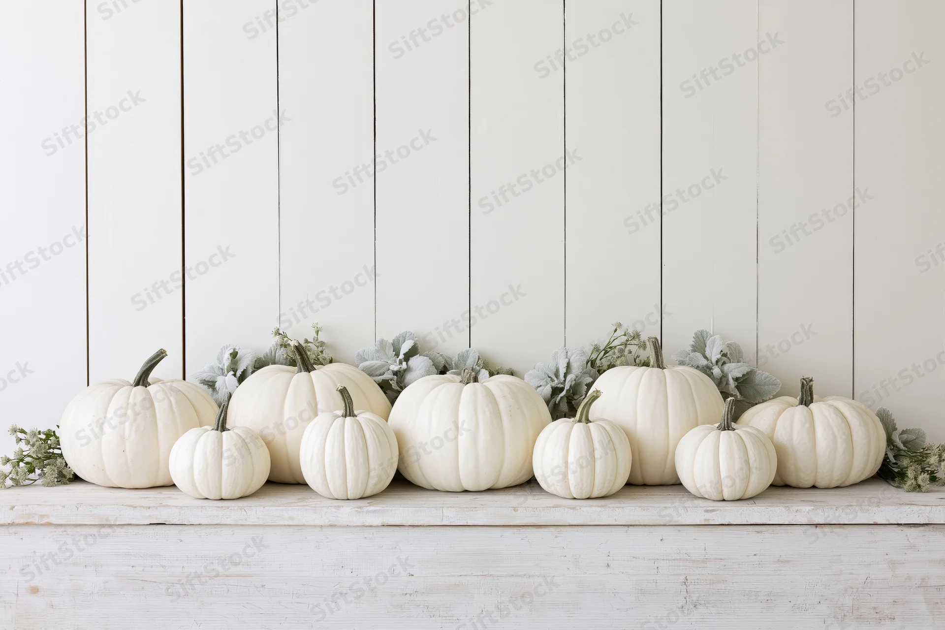 White pumpkins of varying sizes arranged in a row on a wooden shelf with greenery against a white plank wall