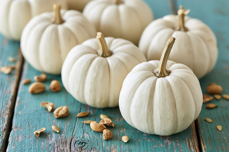 Small white ghost pumpkins arranged on a weathered teal wooden table with scattered seeds and peanuts