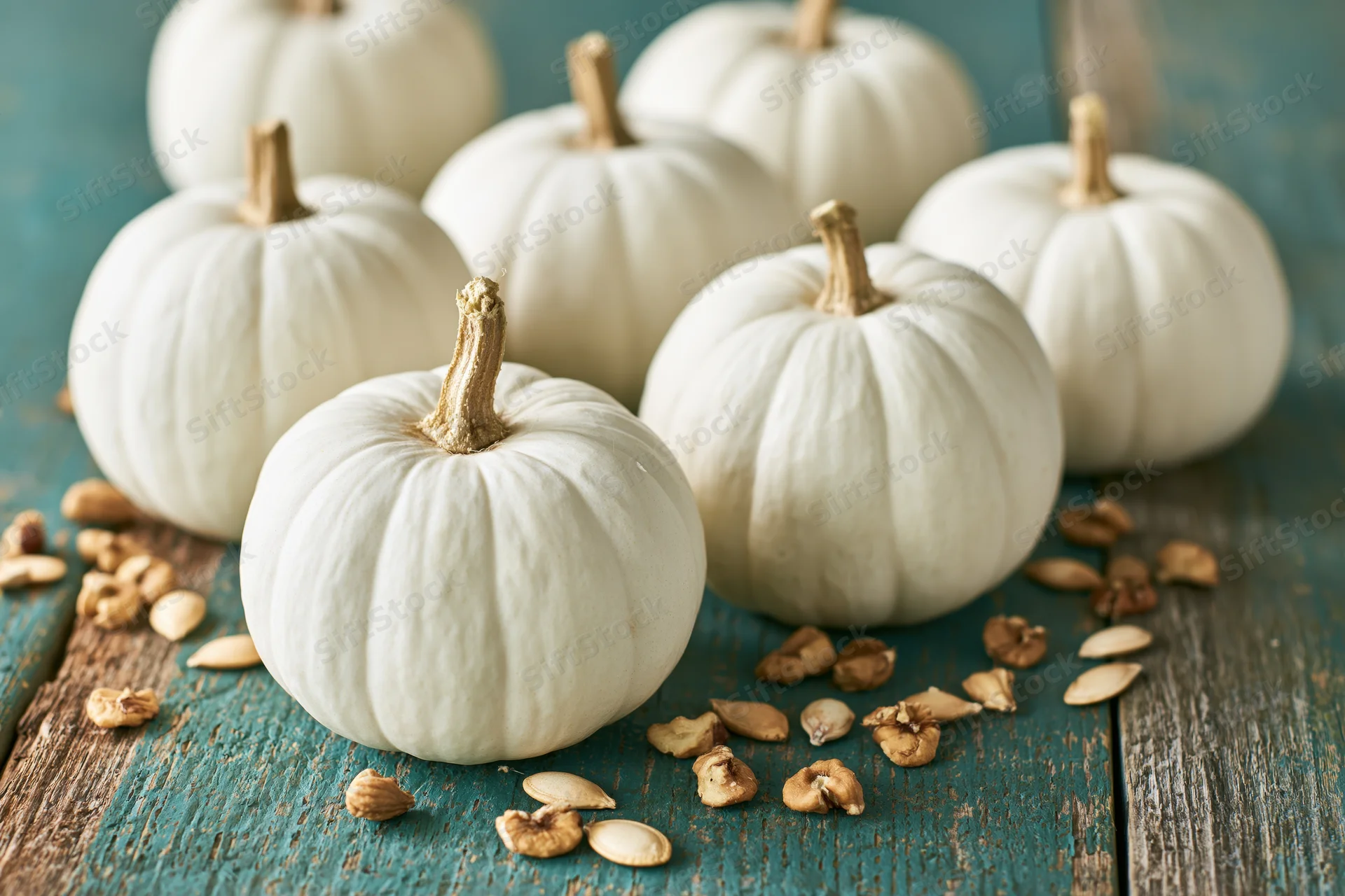 Small white ghost pumpkins arranged on a weathered teal wooden table with scattered seeds