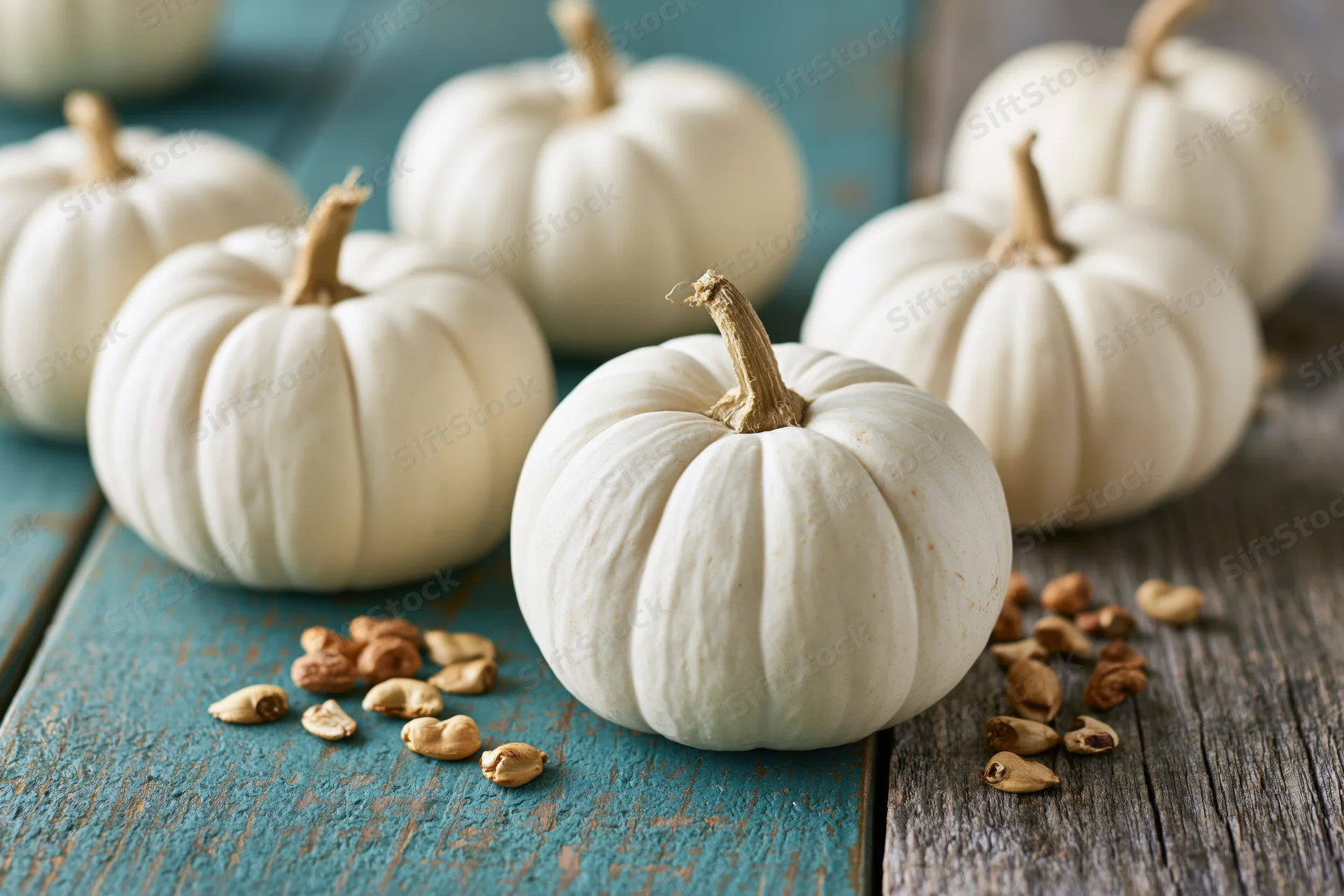 Small white ghost pumpkins arranged on a weathered teal wooden surface with scattered seeds