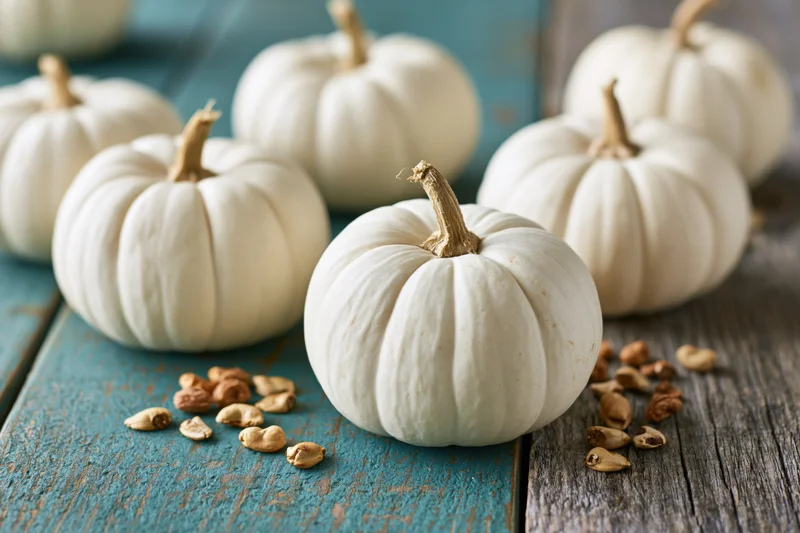 Small white ghost pumpkins arranged on a weathered teal wooden surface with scattered seeds