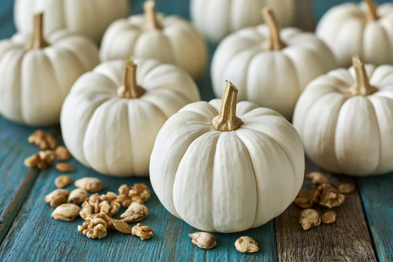 Small white ghost pumpkins arranged on a weathered blue wooden table with scattered walnuts