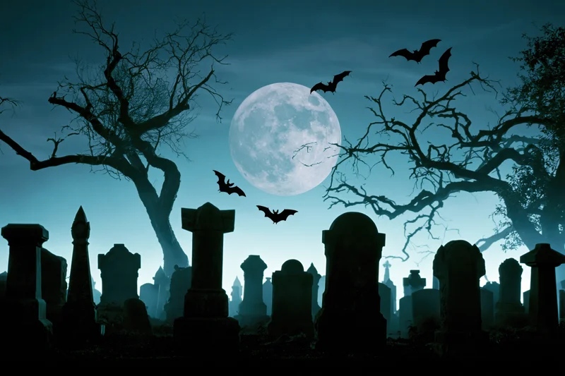 Silhouetted gravestones and bare trees in a cemetery at night under a full moon with bats flying overhead