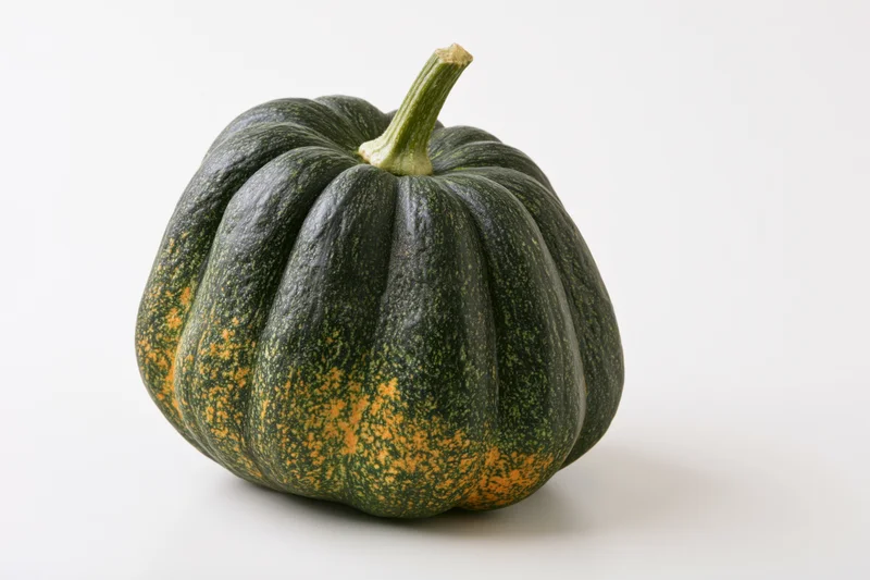Acorn squash with green and orange skin resting on a white surface