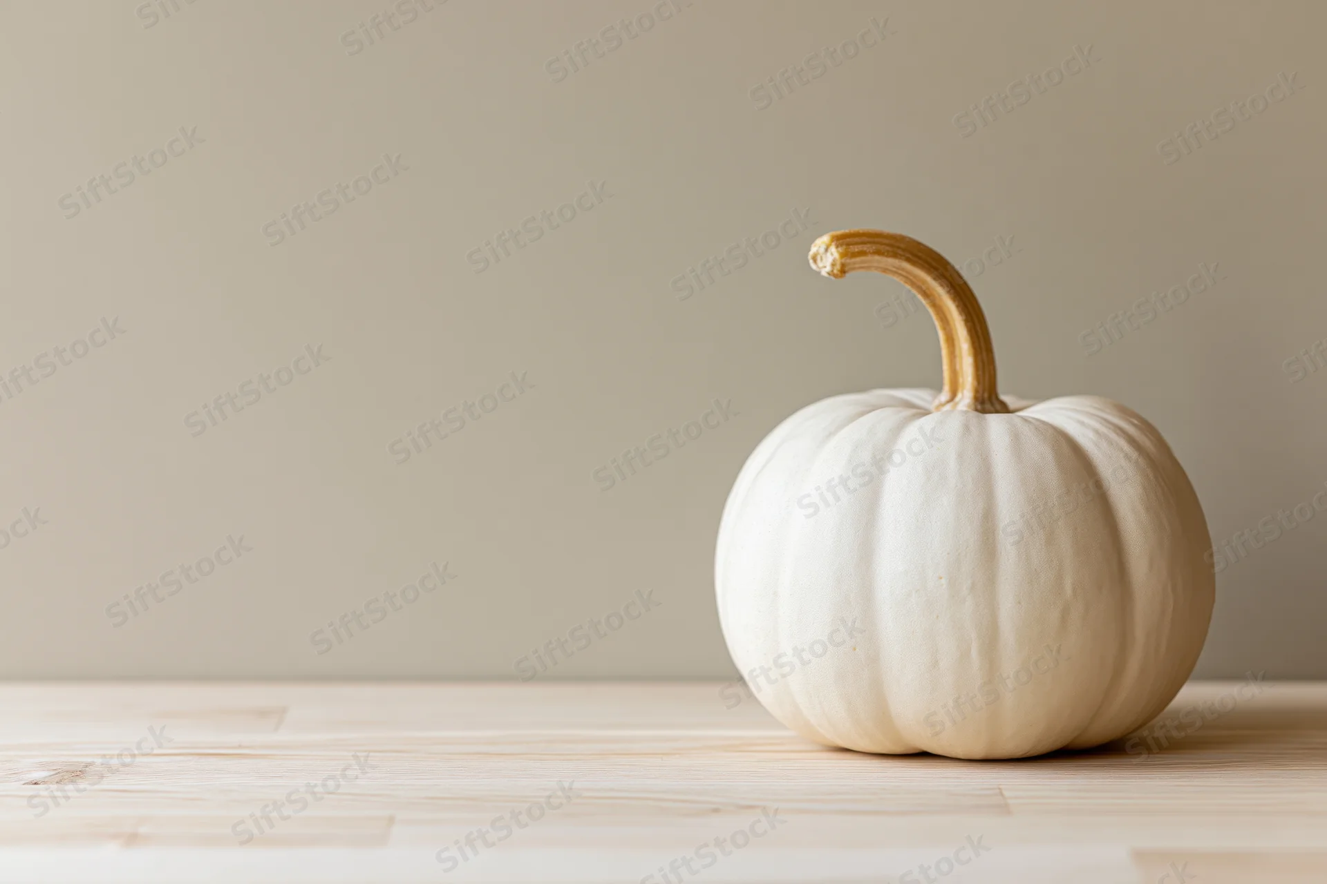 Small white heirloom pumpkin with curved tan stem on light wooden table