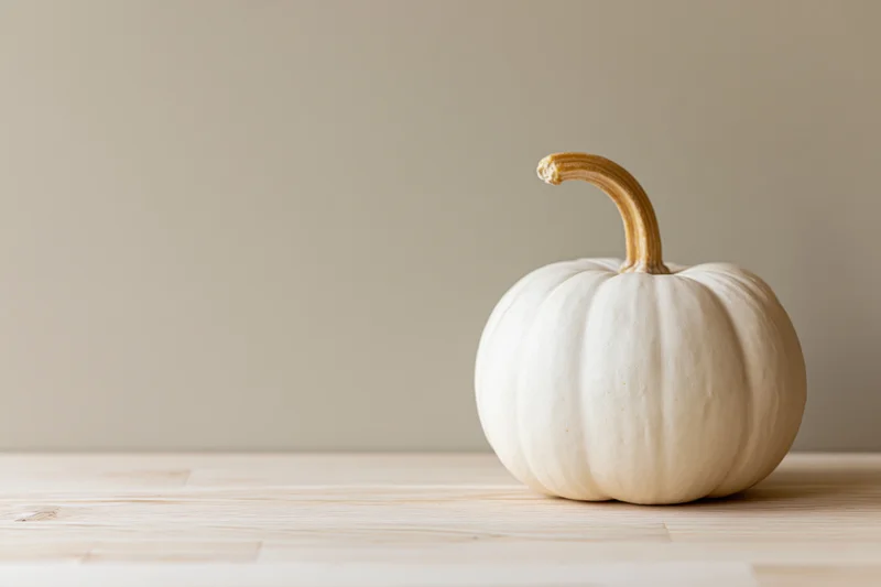 Small white heirloom pumpkin with curved tan stem on light wooden table