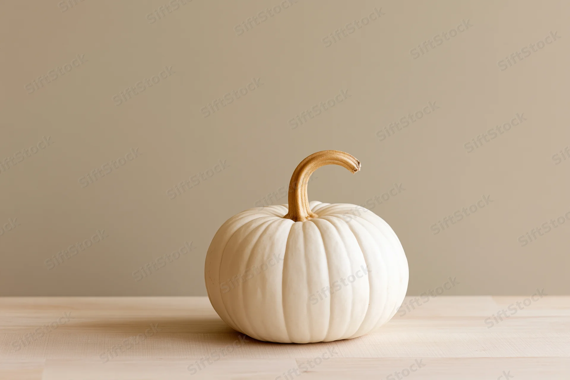 Small white heirloom pumpkin with curved tan stem on wooden table