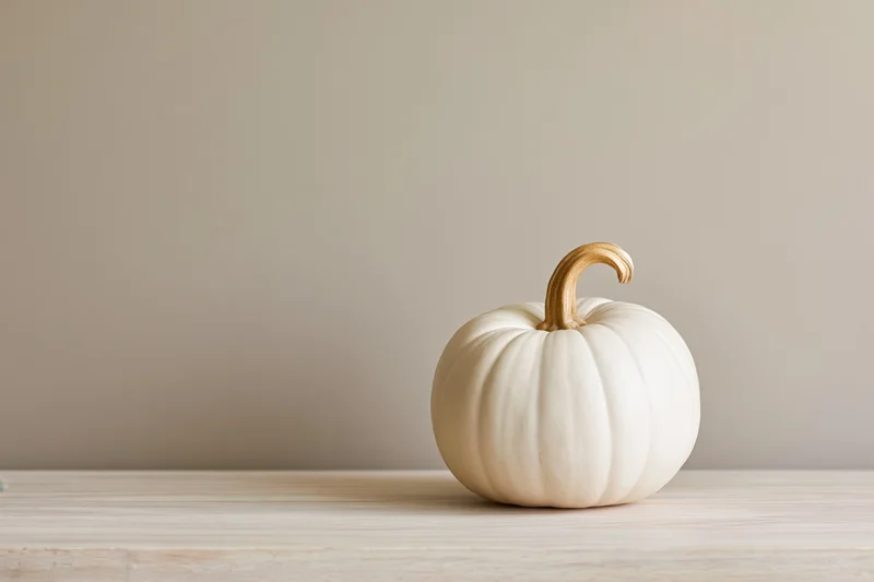 Small white heirloom pumpkin with curved tan stem on wooden table