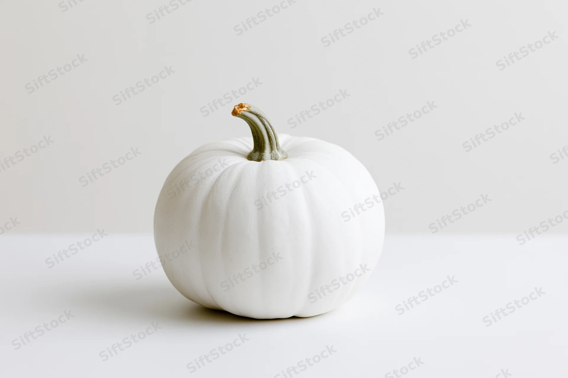 Small white pumpkin with pale grey-green stem on white surface