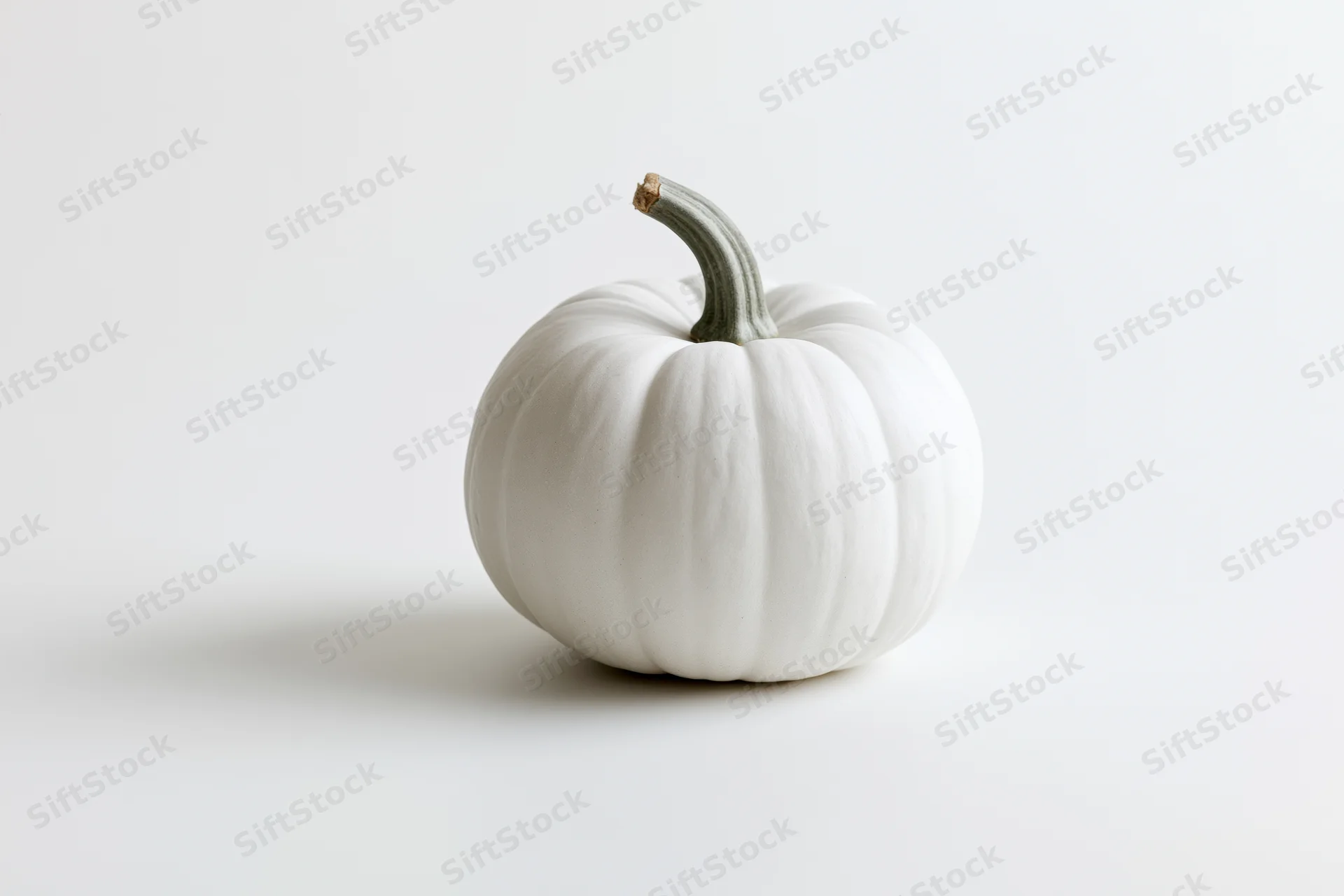 Small white pumpkin with pale grey-green stem on white background