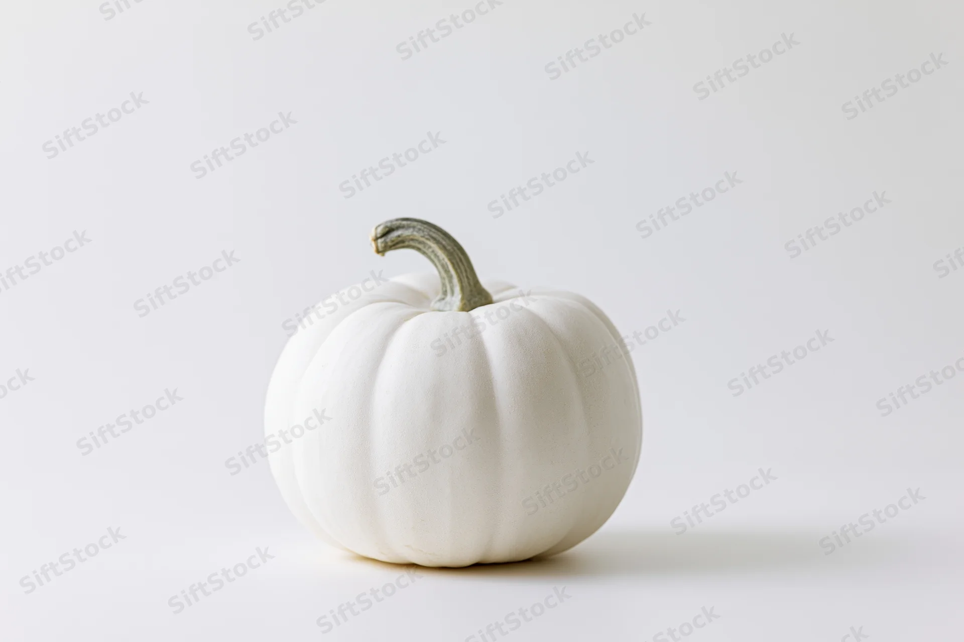 Small white pumpkin with pale grey-green stem on white surface