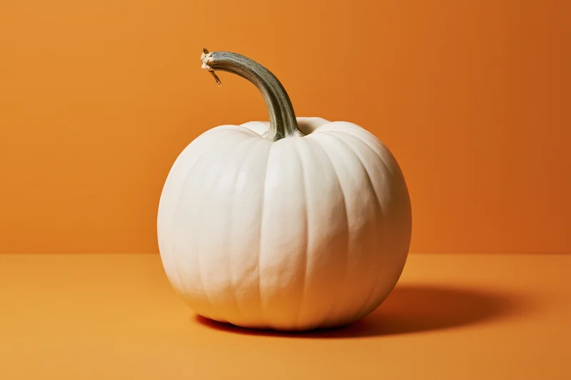 White pumpkin with curved stem resting on orange surface