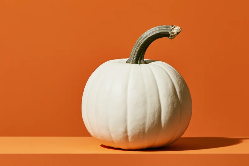 White pumpkin with curved stem resting on orange surface
