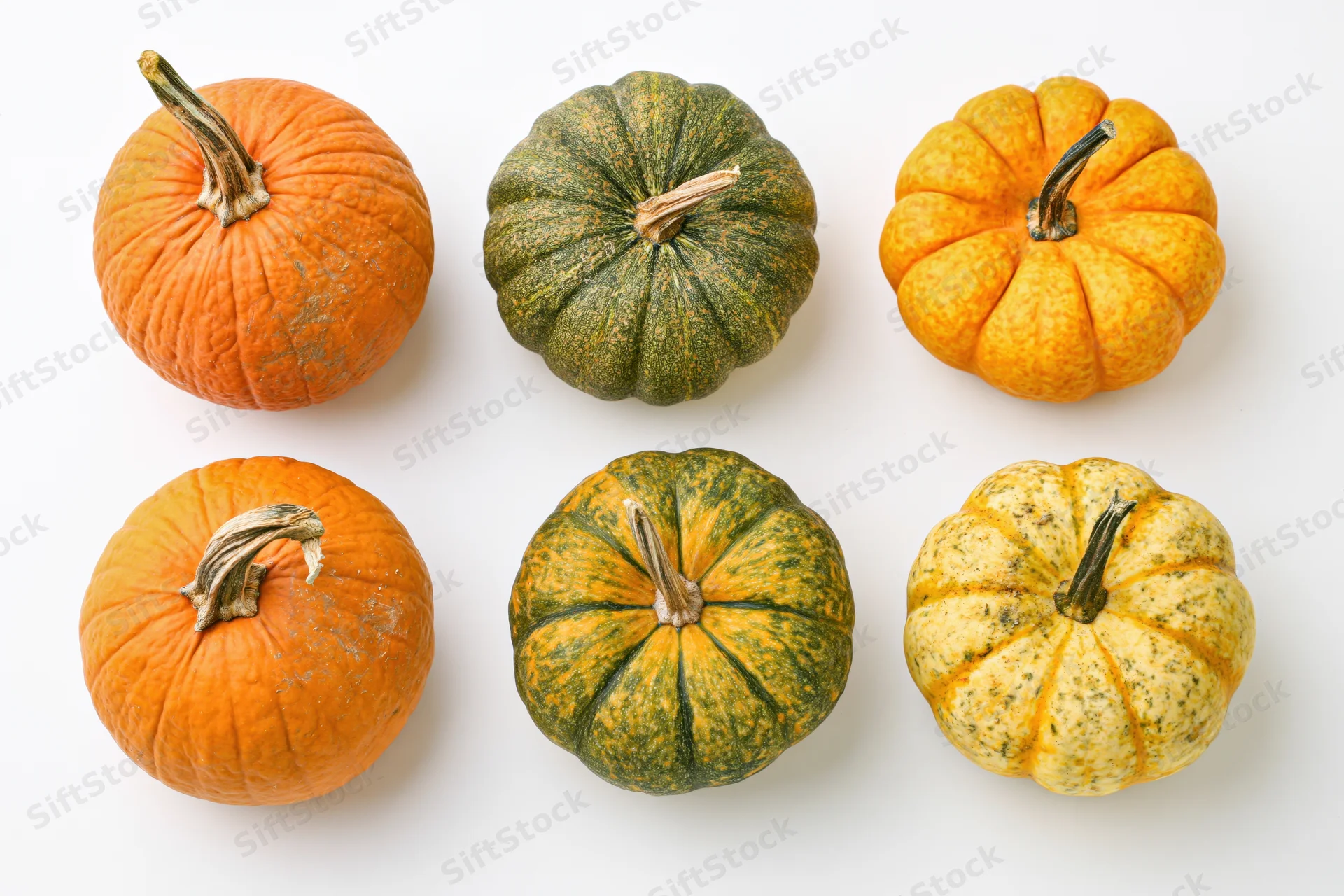 Six assorted pumpkins and squash arranged in two rows on white background