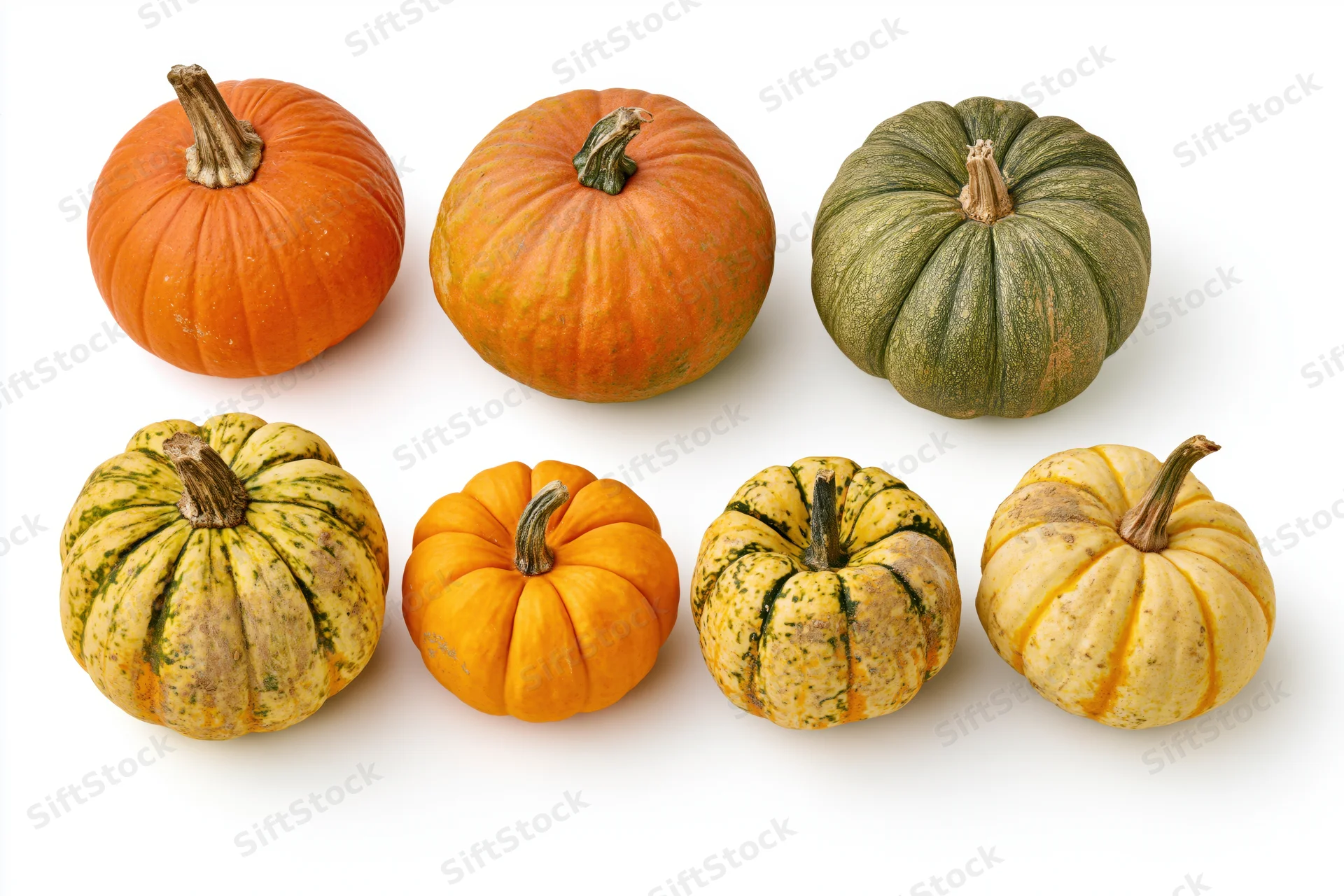 Six assorted pumpkins and squash arranged in two rows on white background