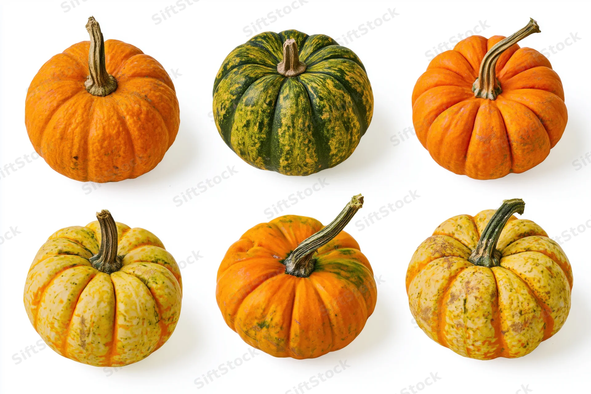 Six assorted pumpkins and squash arranged in two rows on white background