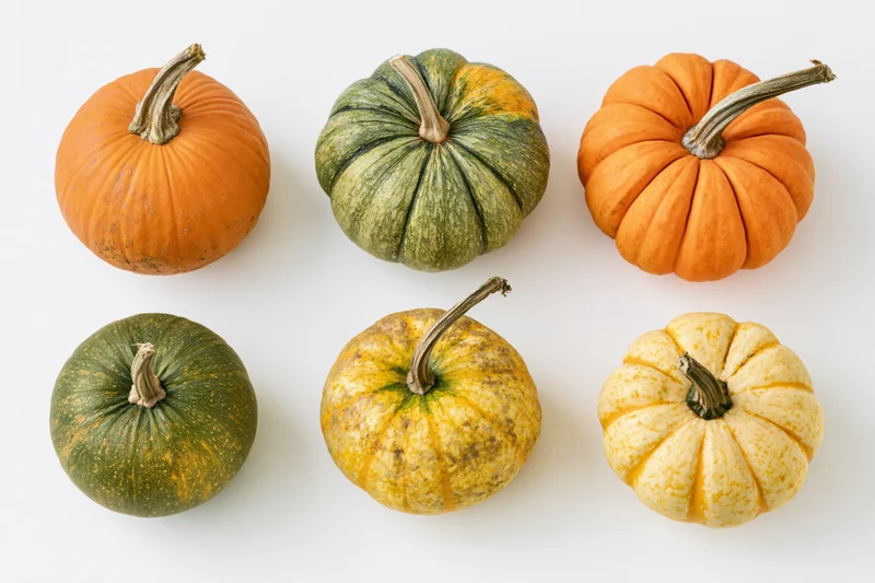 Six assorted pumpkins and squash arranged in two rows on white background