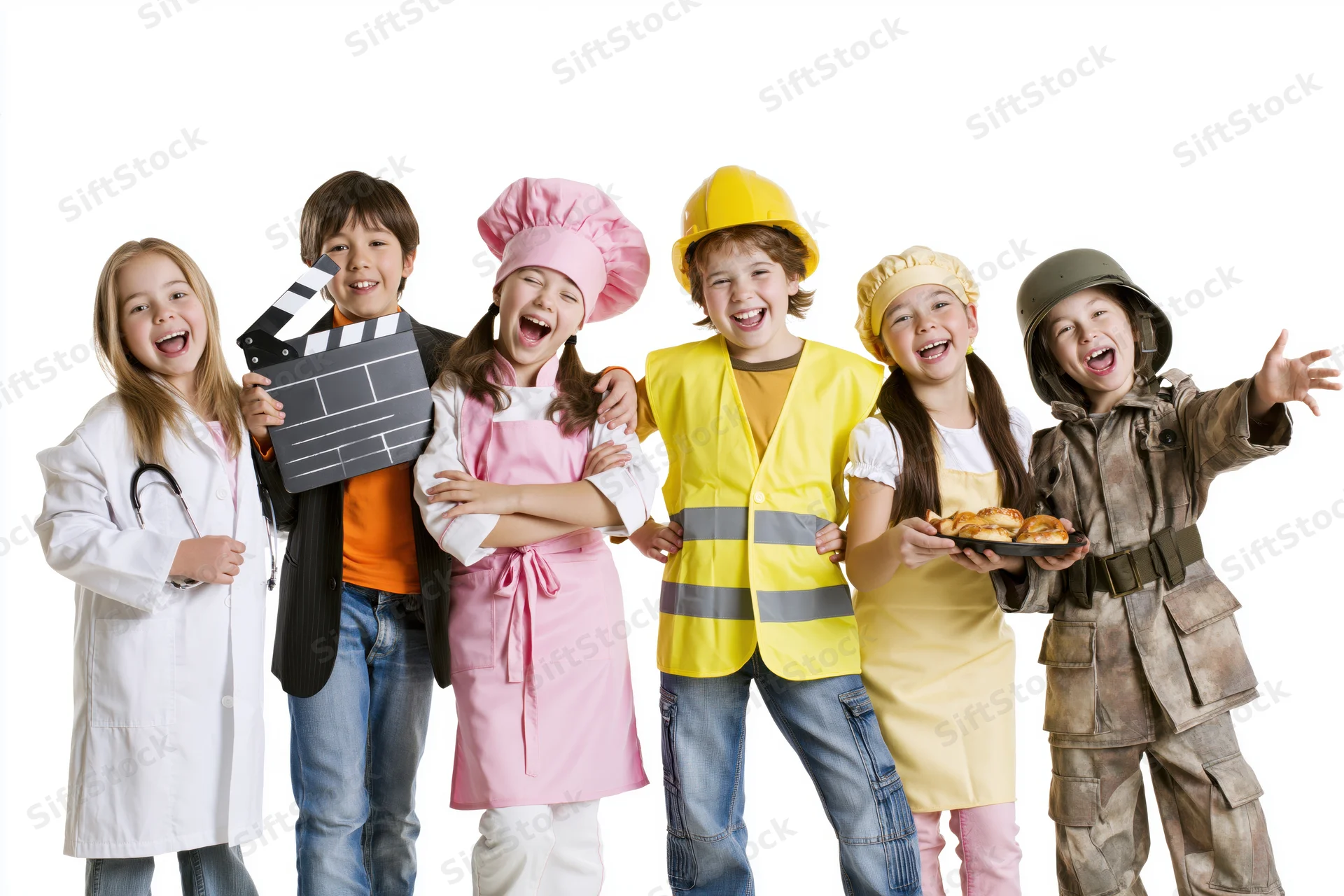 Six children in various costumes smiling and posing together against white background