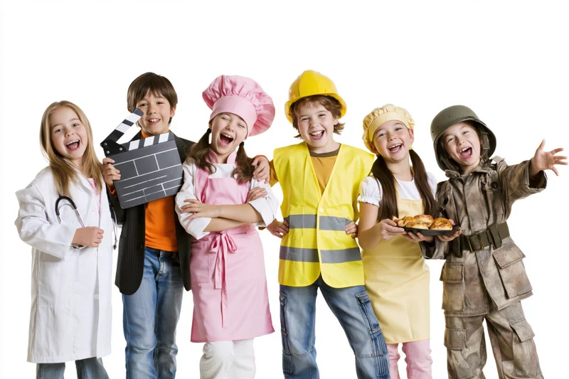 Six children in various costumes smiling and posing together against white background