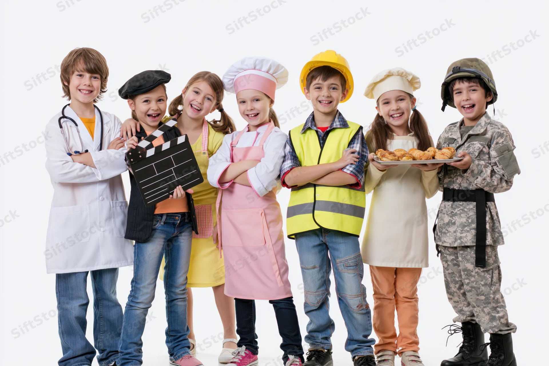 Six children in various professional costumes smiling together against white background