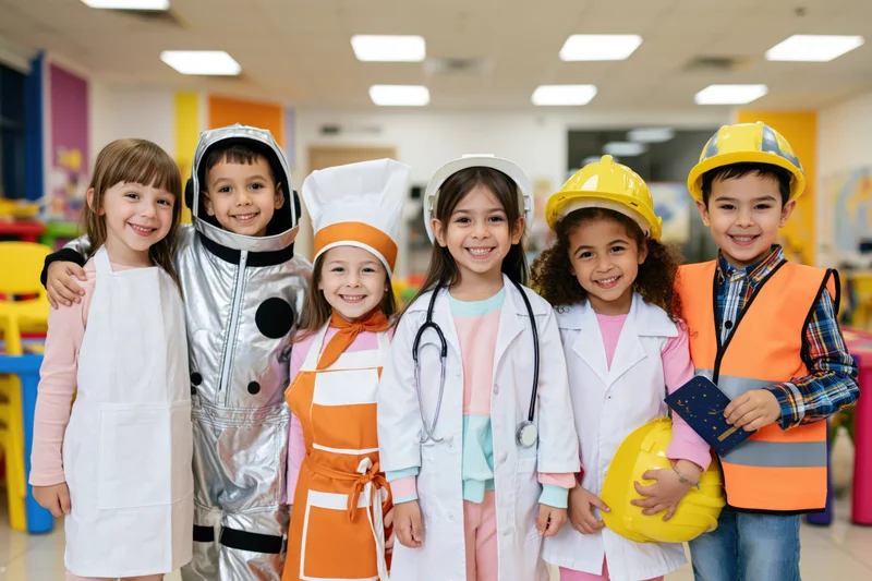 Six young children in various professional costumes smiling together in a classroom