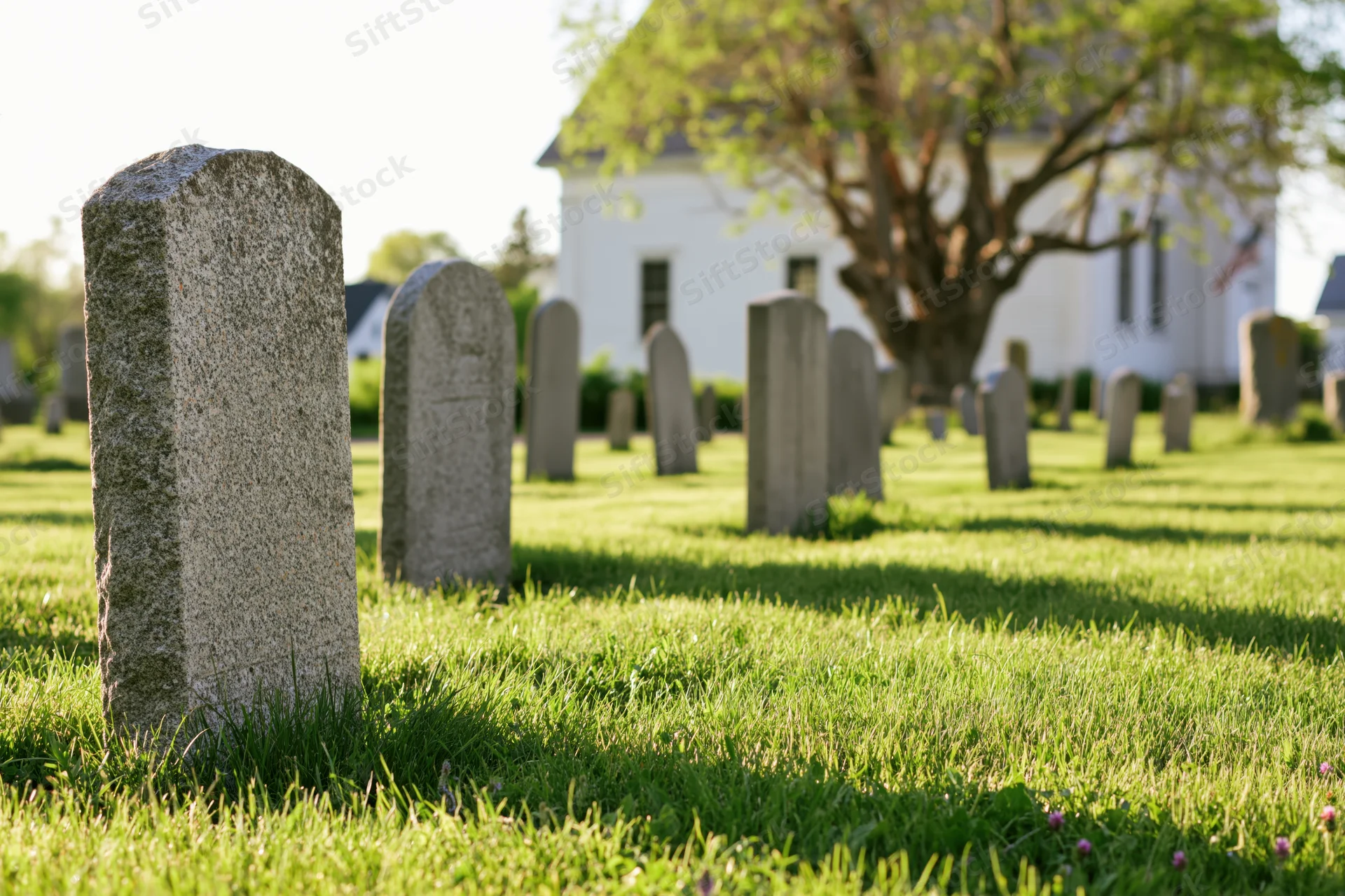 Rows of granite gravestones in a grassy churchyard with a white church in the background